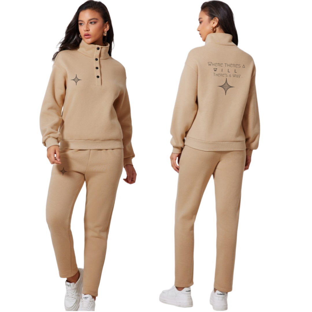 Women's Solid Half Button Sweatshirt and Sweatpants Set